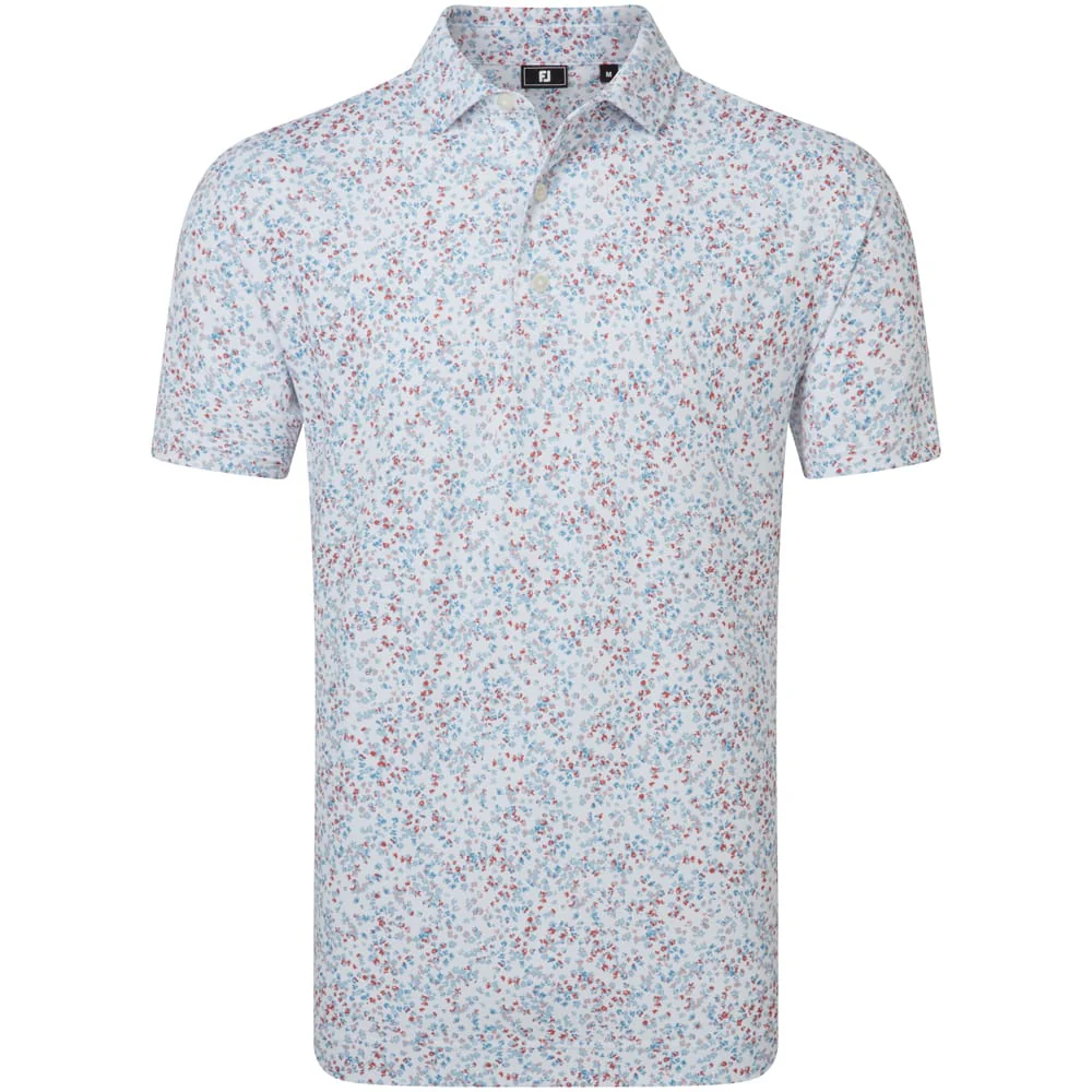 FootJoy Watercolour Floral Print Pique Polo Shirts - White/Chambray/Nantucket Red