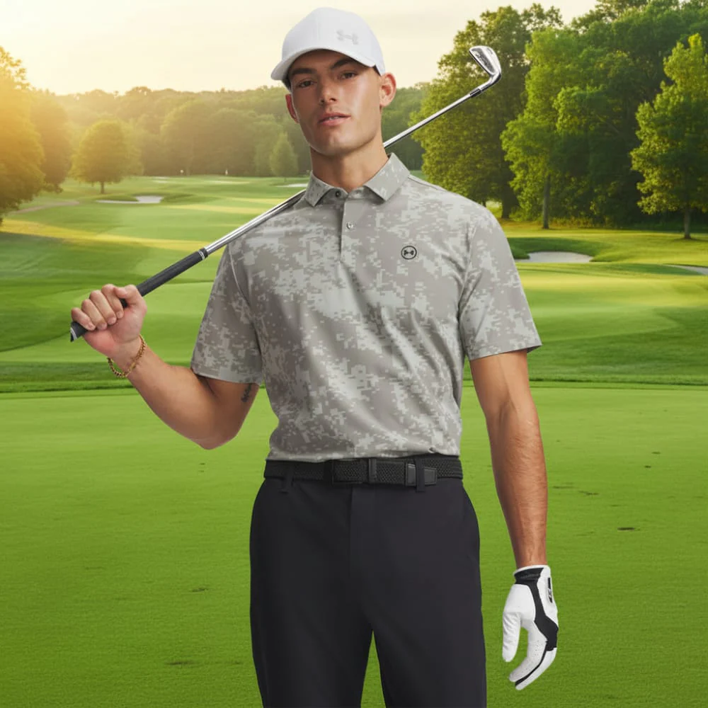 Under Armour Drive Chill Printed Polo Shirt - Titanium/Clay Green/Black - Image 4